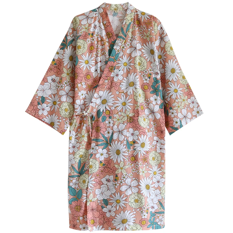 

Japanese Cotton Gauze Nightgown Ladies Spring And Autumn Thin Kimono Cardigan lace-up Pajamas Summer Bathrobe Home Wear