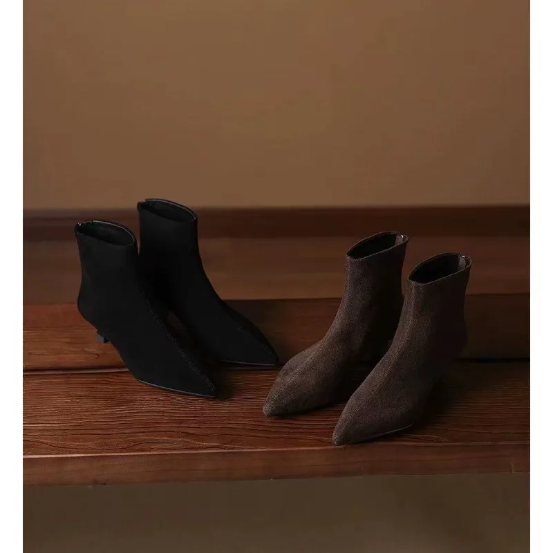 Booties Fall 2025 New Skinny Boots Pointed Toe Stiletto Heel French Pointed Toe Scrub Leather Boots for Women