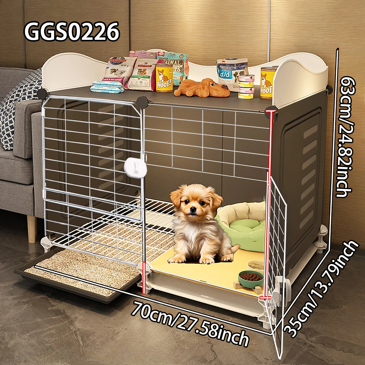 

Dog Cage with Separate Toilet, Luxury Villa for Small Dogs, Empty Cage for Small Animals with Tray