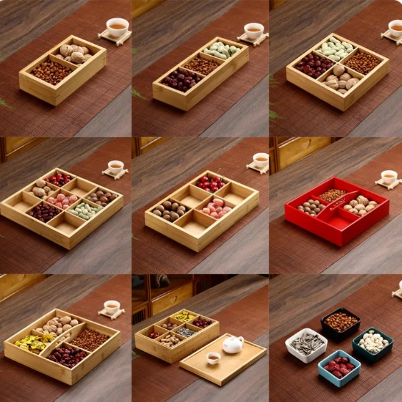 Bamboo stove tea dried fruit plate snack box multi-grid creative home desktop storage box