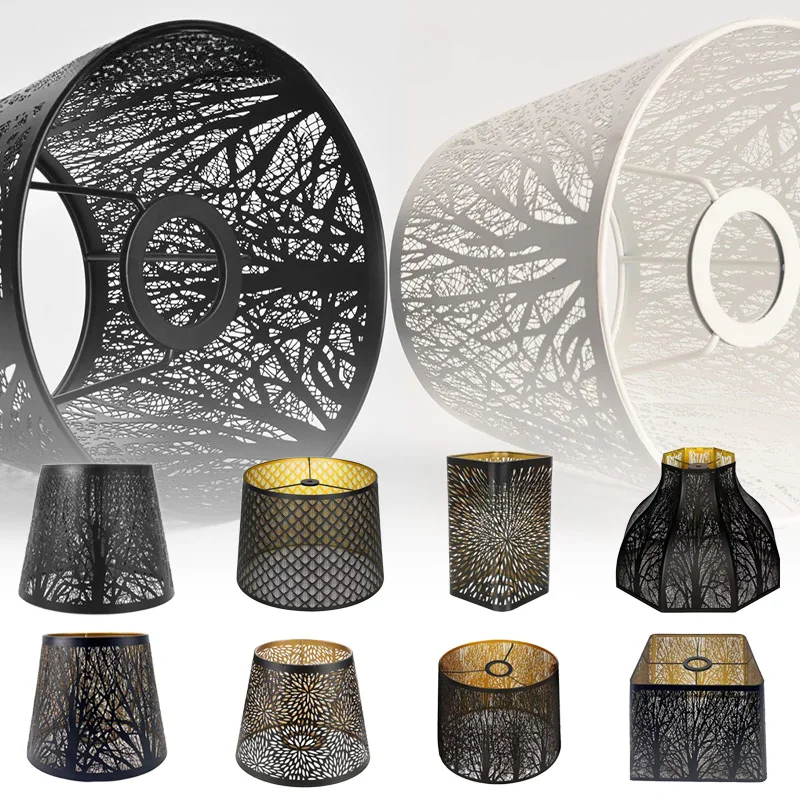 Black/White Barrel Metal Lampshade Modern Style Wrought Iron Carved Forest Tree Shaped Lamp Shade Cover Bedroom Bedside Decor