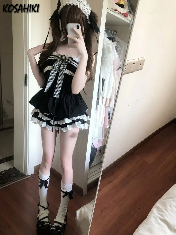 

Japanese Two Pieces Set Women Lace Patchwork Sweet Bow Tank Top + Y2k Aesthetic Mini High Waist Ruffled Skirts 2025 Grunge Suit