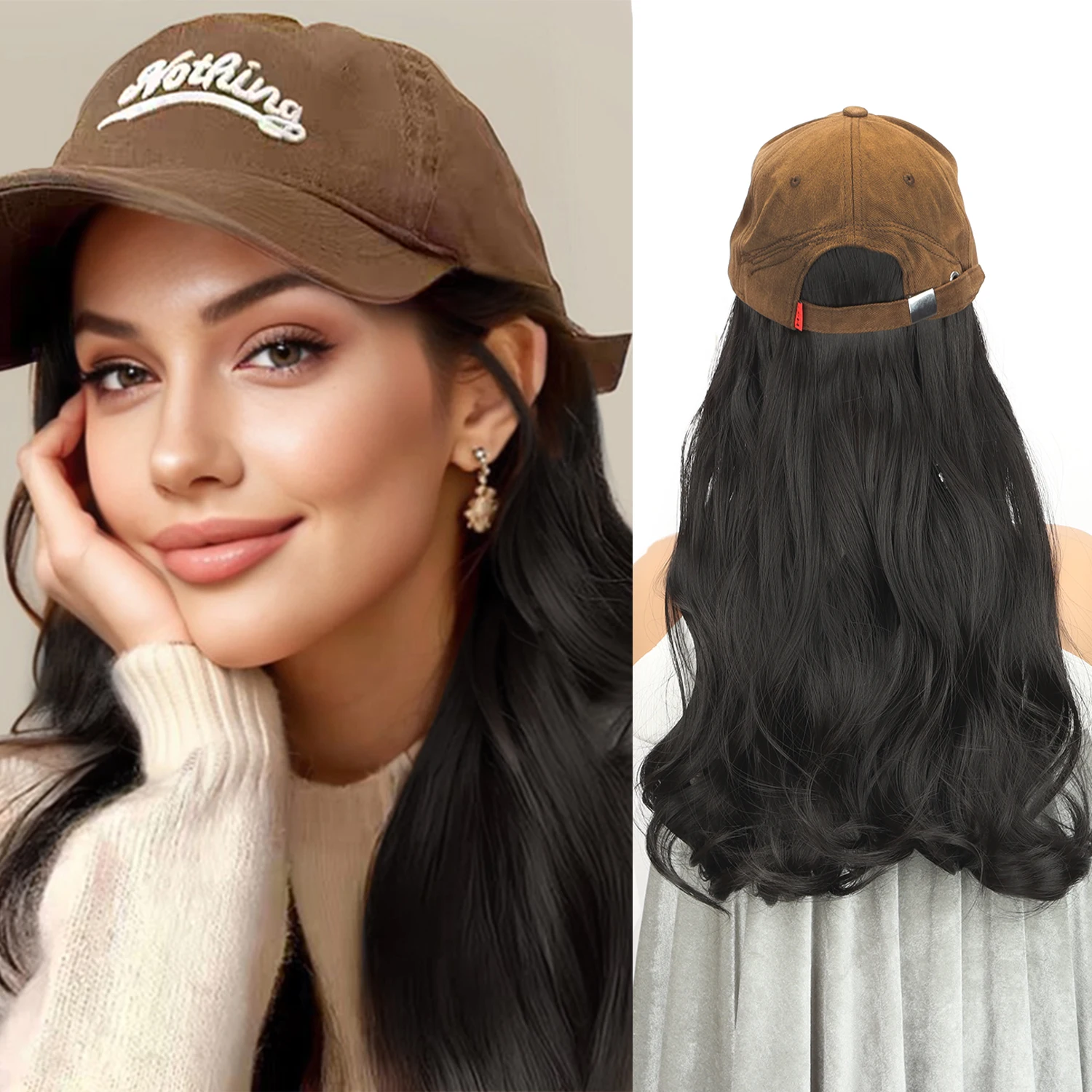 

Synthetic High Heat Resistant Material Brown Wavy Baseball Caps Wig Hats And Wigs Naturally Connect Stylish Warm Wigs