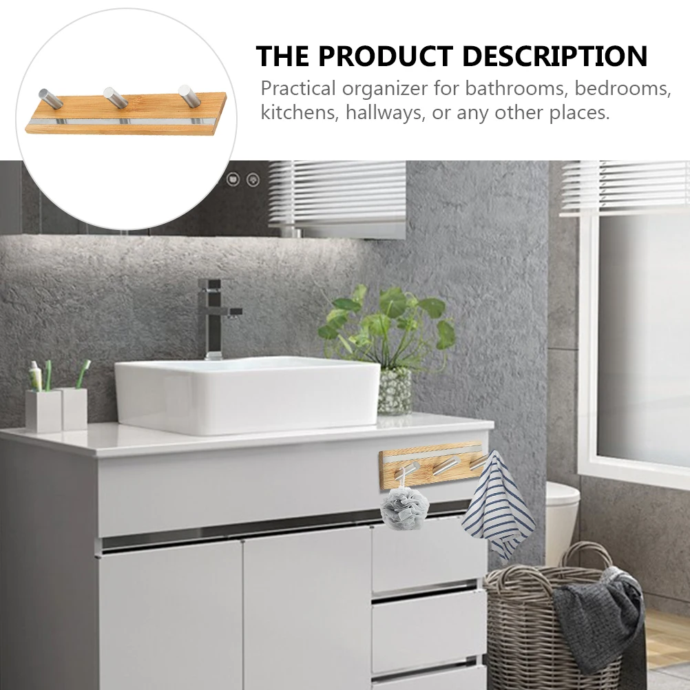 Bamboo Hooks Wall Rail Rack Stainless Steel Hanger 3 Hooks Strong Bearing Bathroom Bedroom Kitchen Hallway
