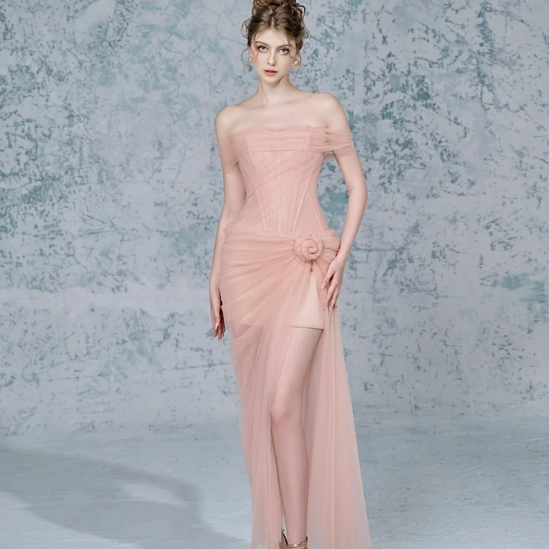 

Customized Fashion Tulle Straight Off the Shoulder Flowers Evening Dresses Boat Neck Short Sleeves Zipper Back Party Dress