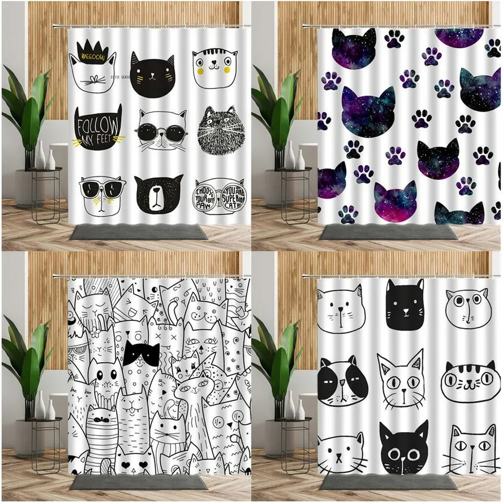 

3D Cartoons Black White Cat Bathroom Waterproof Shower Curtain Simple Footprint Bathroom Curtains for Bathtub Screen with Hooks