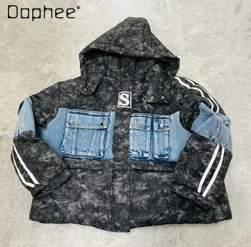 

European Style Down Jacket for Women 2025 Winter Heavy-Duty Denim Patchwork Letter Embroidery White Duck Down Puffer Jacket Coat