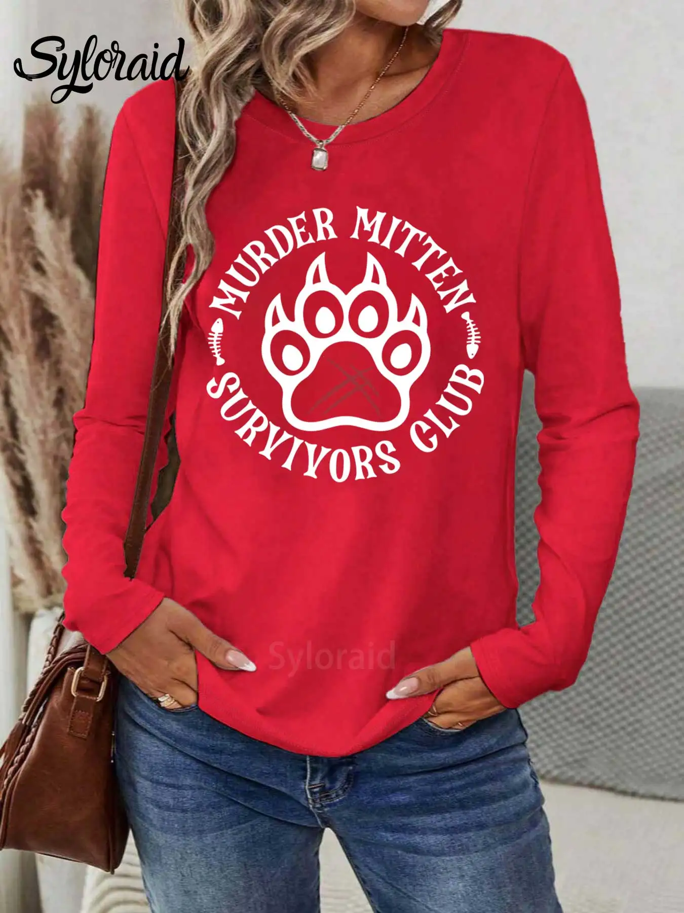 レディース長袖Tシャツ面白い猫Tシャツ猫ママ引用シャツ猫の足Tシャツファッションラウンドネックカジュアルトップ