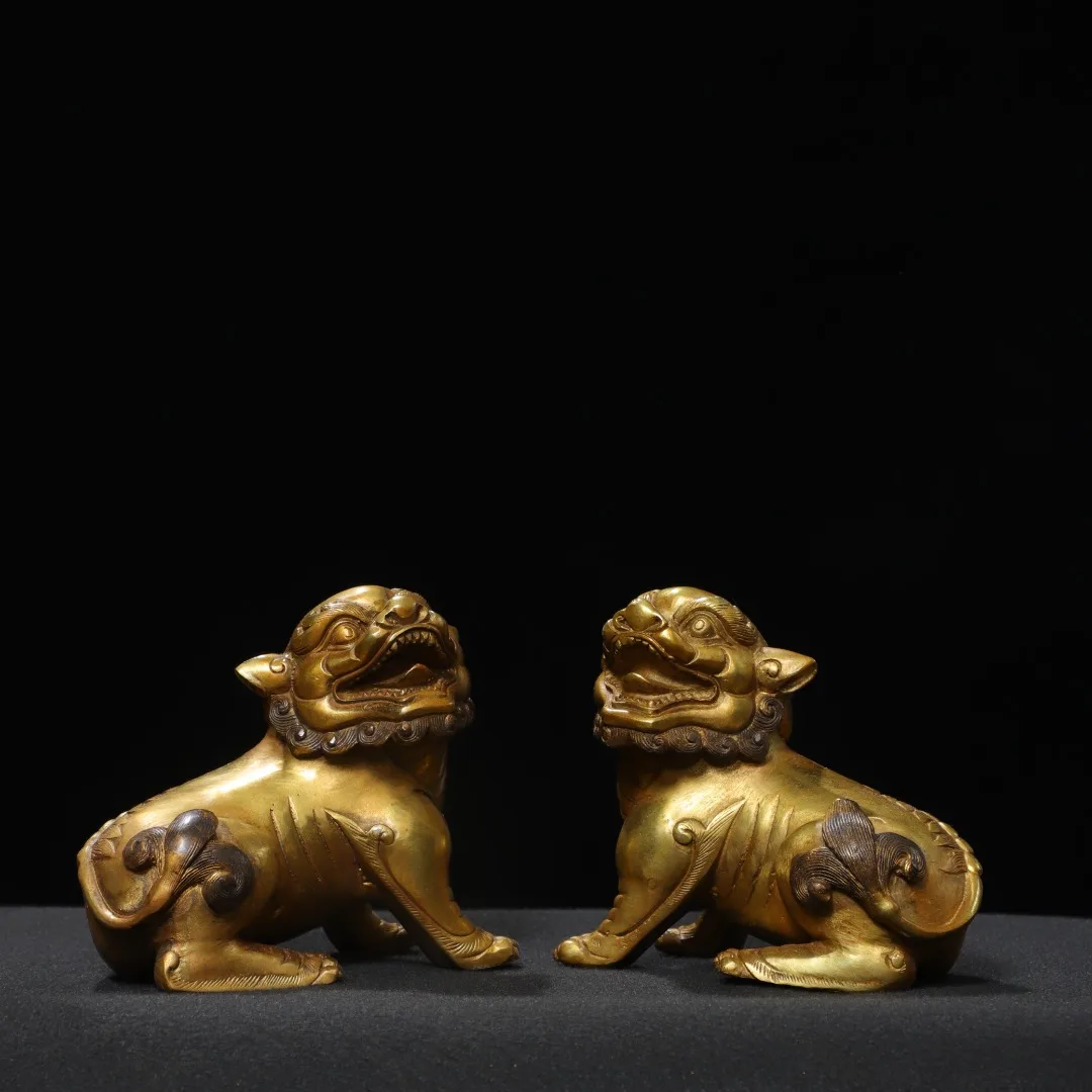 Old Bronze Gilded Cinnabar Watch Lion Statue a pair Town God Beast Lion Town house