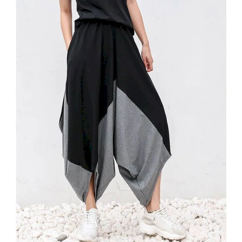 

Baggy Pants Women Summer Elastic Waist Loose Casual Capri Pants Korean Style Color Blocking Patchwork Streetwear Women Clothing