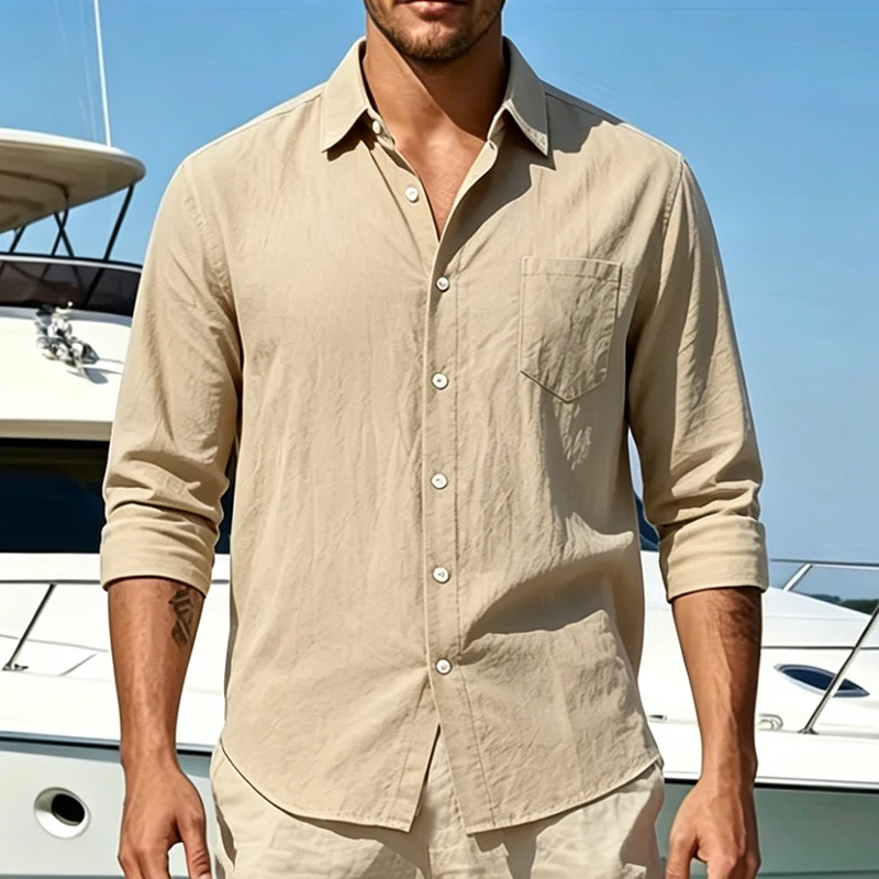 

Men's Casual Linen Shirt Lapel Button Long-Sleeved Summer Top Breathable Comfortable Loose Fit for Men