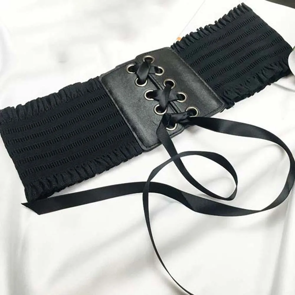 Fashion Adjustable Elastic Pleated Cummerbunds Strap Rope Polyester Wide Corset Waistband Girdle PU Elastic High Wide Belt Girls