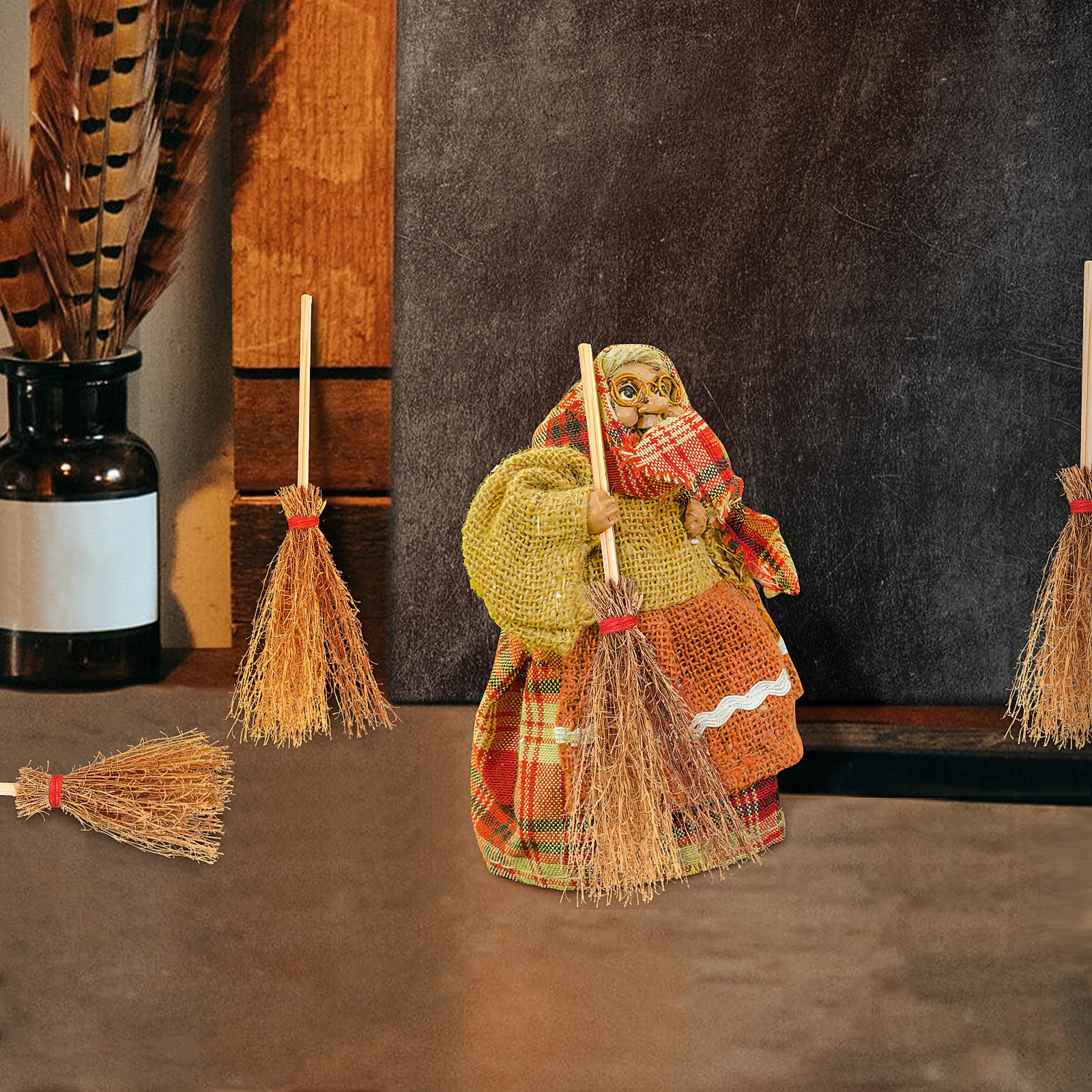 

10 Pcs Handmade Broom Tiny Straw Brooms Dollhouse Props Halloween Decor Witch Witches Brooms Decor Toys Beech Wood