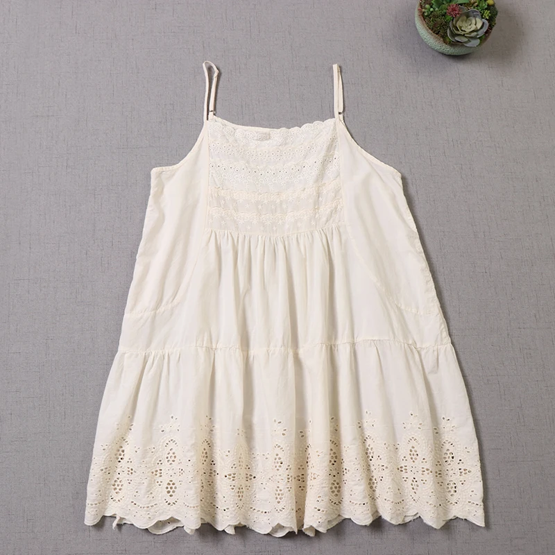 Japanese Sweet Mori Girl Embroidery Hollow Out Spaghetti Strap Dress Women Sleeveless Casual Loose Cotton Mini Dress Underdress