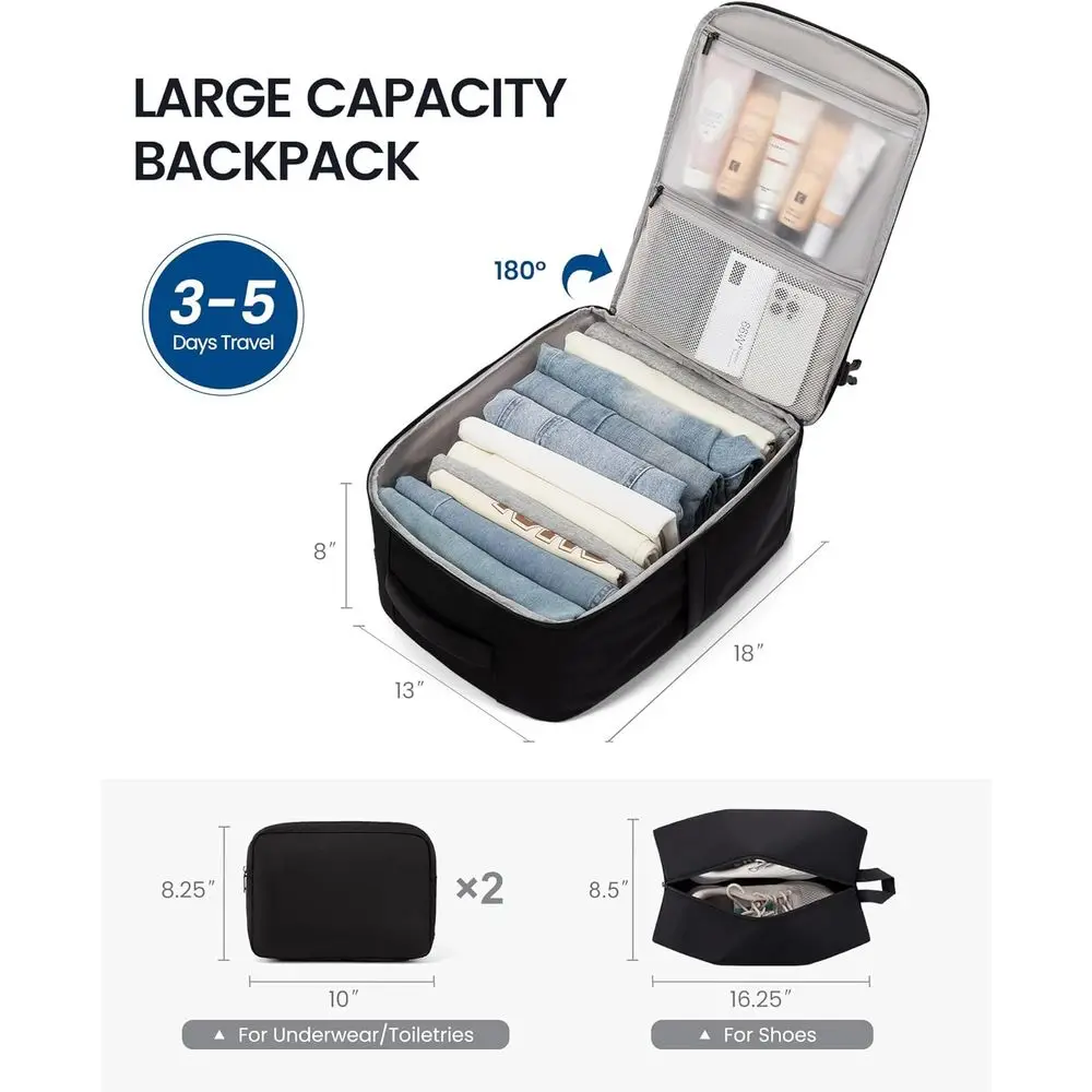 Mochila de viagem masculina 40L, aprovada para bagagem, 3 cubos de embalagem, cabe em laptop 17,3, resistente à água, preta