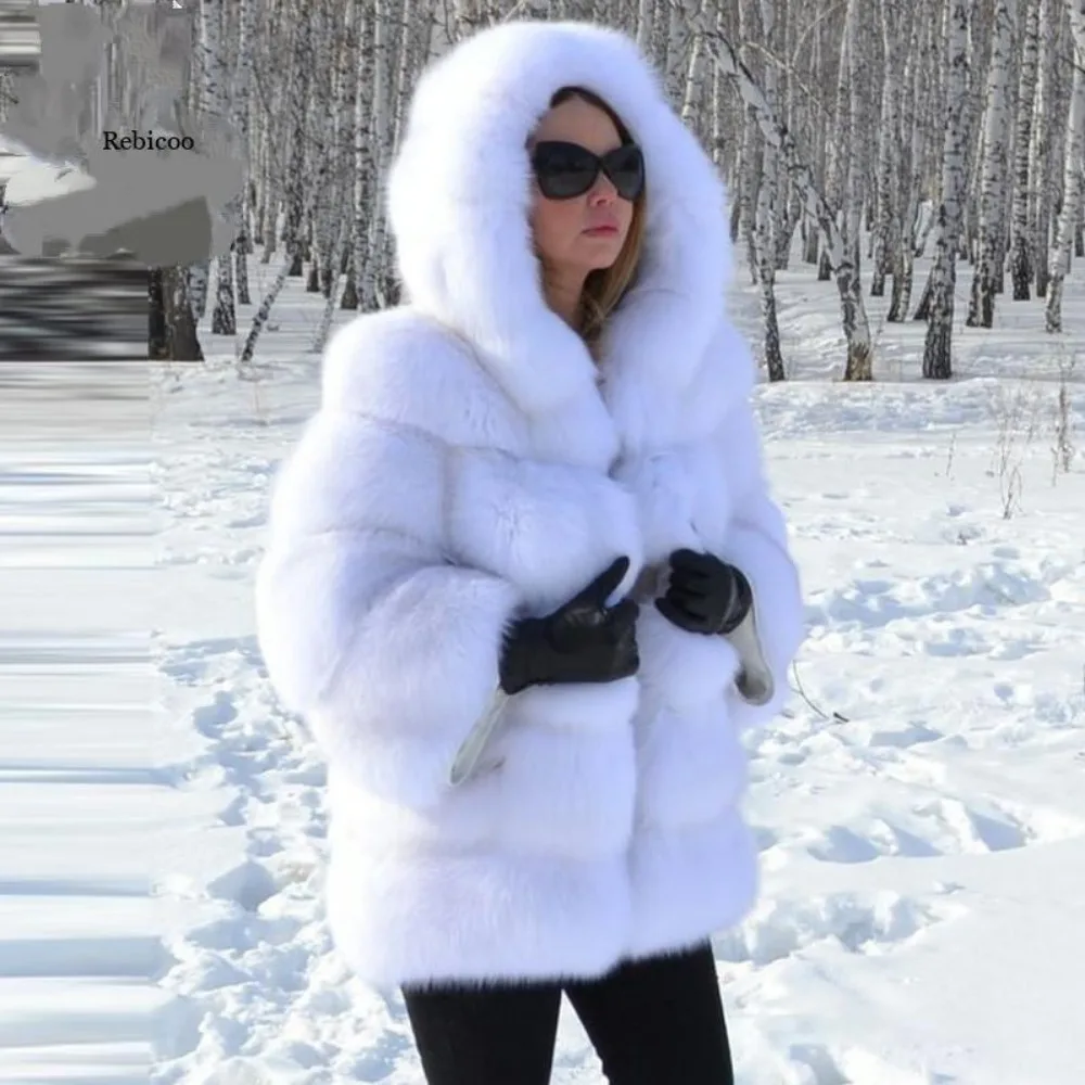 Luxury High-quality Fluffy Soft Patchwork Fur Coat Hooded Faux Fur Jacket Women Winter Warm Snow Clothing Windproof Outerwear