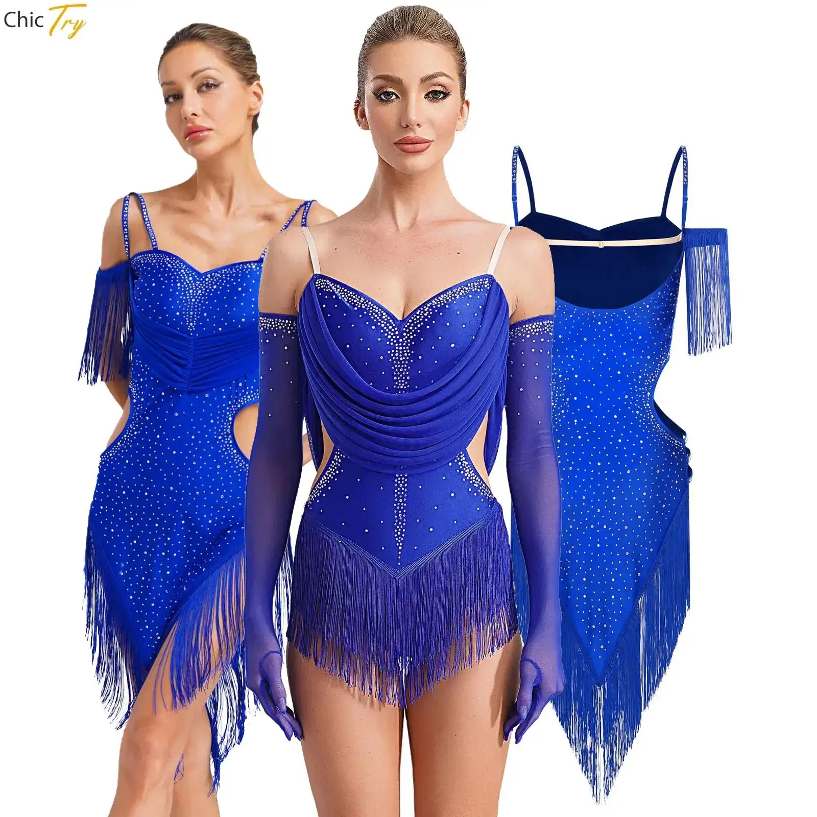 Vestido rítmico de baile de Tango para mujer, leotardo personalizado sin mangas con borlas y diamantes de imitación, competición de gimnasia latina Rumba Cha-Cha