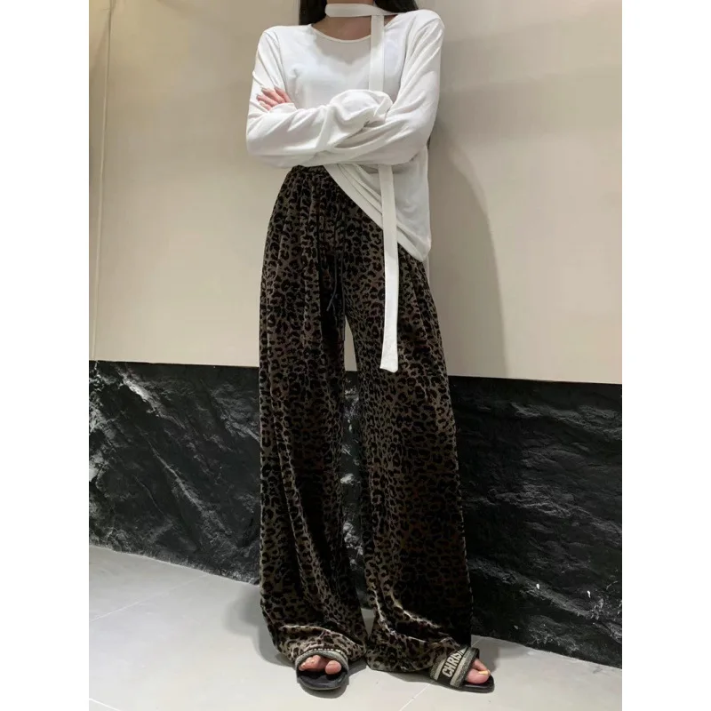 Women's Leopard Print Elastic High Waist Long Pants Cheetah Printed Wide Leg Loose Trousers with Pockets