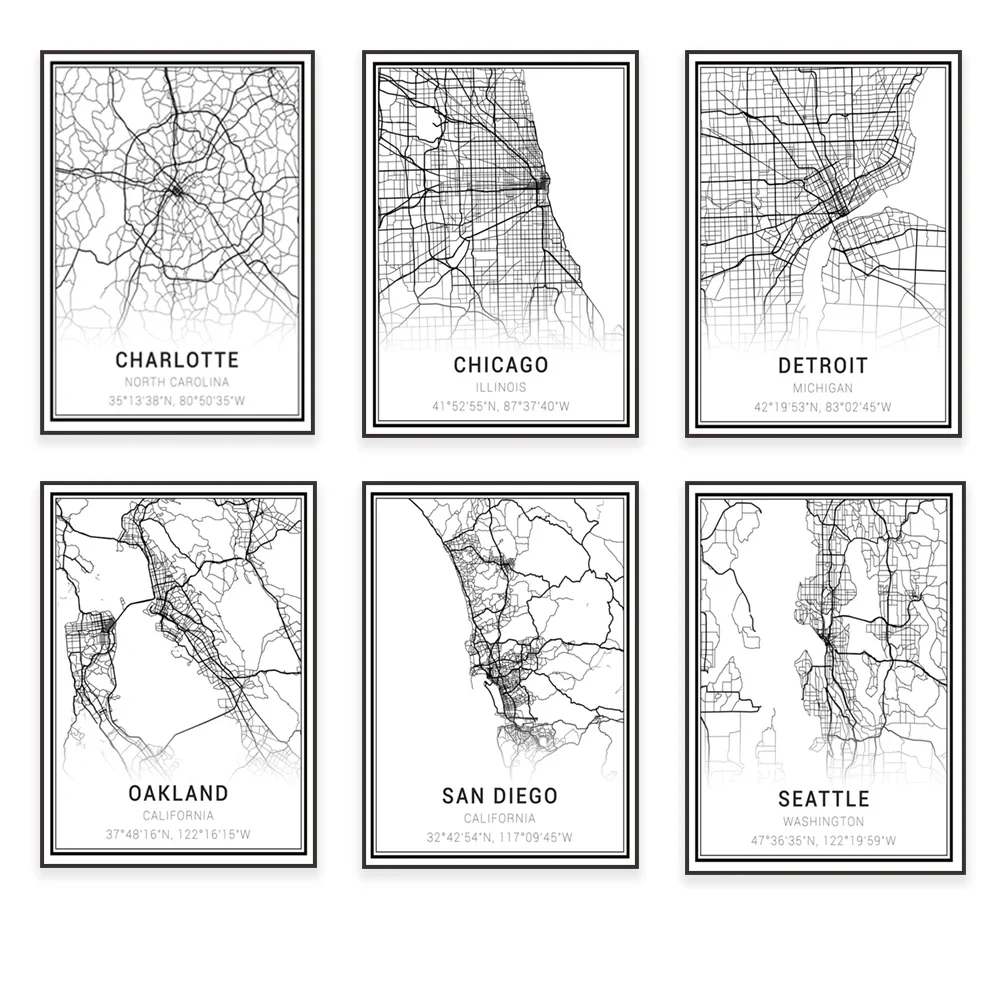 Oakland, Chicago, Leicester City, Seattle, Detroit, Los Angeles, Atlanta, North Carolina, Portland, Denver city map posters