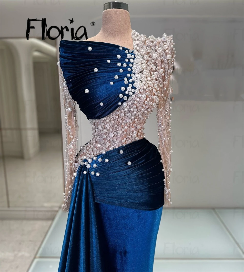 Elegant Velvet Long Sleeve Prom Dress With Side Overskirt Marine Blue  Customized Women Wedding Party Night Gowns Muslim Dresses - AliExpress 320