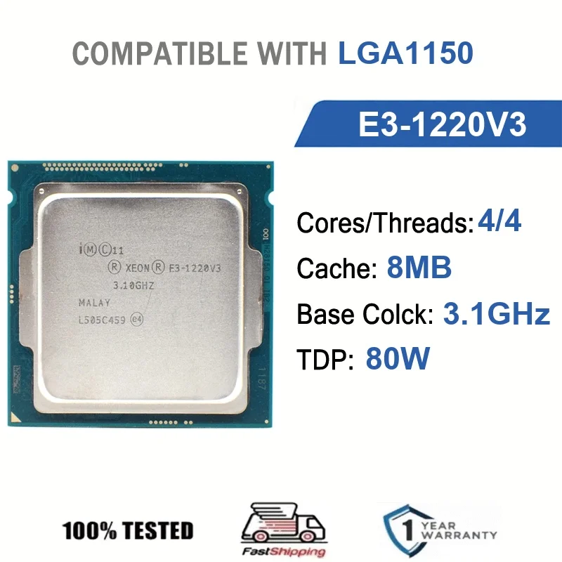 Intel Xeon E3-1220V3 4 núcleos 4 hilos 3,1 GHz 80 W 8 MB de caché 22 nm LGA1150 SR154 DDR3 1600 Mhz Haswell