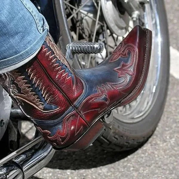 

Embroidered Western Boots Pointed Toe Low Heel Bold Cowboy Style for Edgy Casual Biker or Country Festival Fashion Looks