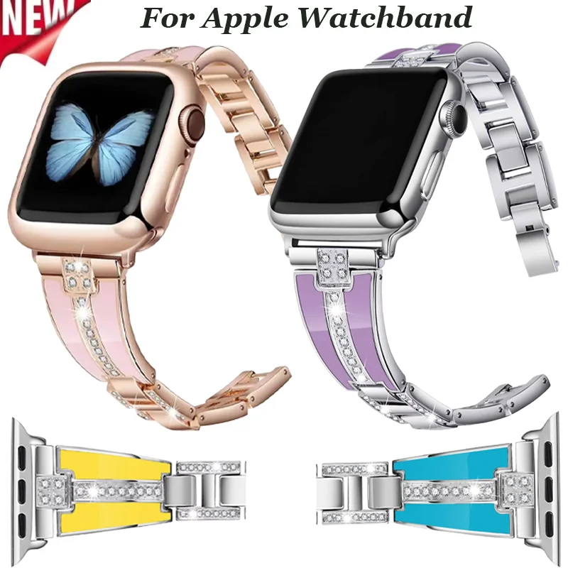 

Смола + металлический ремешок для AppleWatch Ultra49 мм/10/9/8/7 42 мм 46 мм 45 мм 41 мм женский браслет с бриллиантами для iWatch6/5/4/SE 40 мм 44 мм ремешок