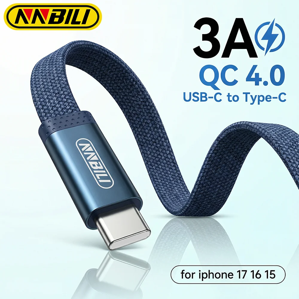 NNBILI 3A USB-C auf USB-C PD 60W Ladekabel, ultradünnes Typ-C-Kabel für iPhone 17 16 15 Samsung S26 Xiaomi 17