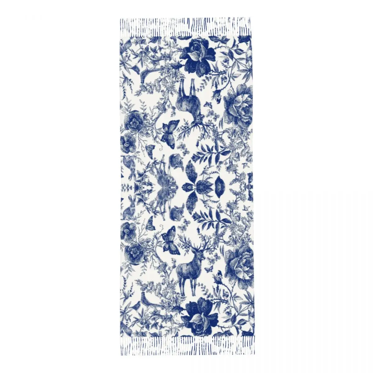 Individuell bedruckter Vintage-Schal mit Blumenmuster und Tierwald für Herren und Damen, warme Schals, französische Toile De Jouy, Schals mit Indigo-Muster