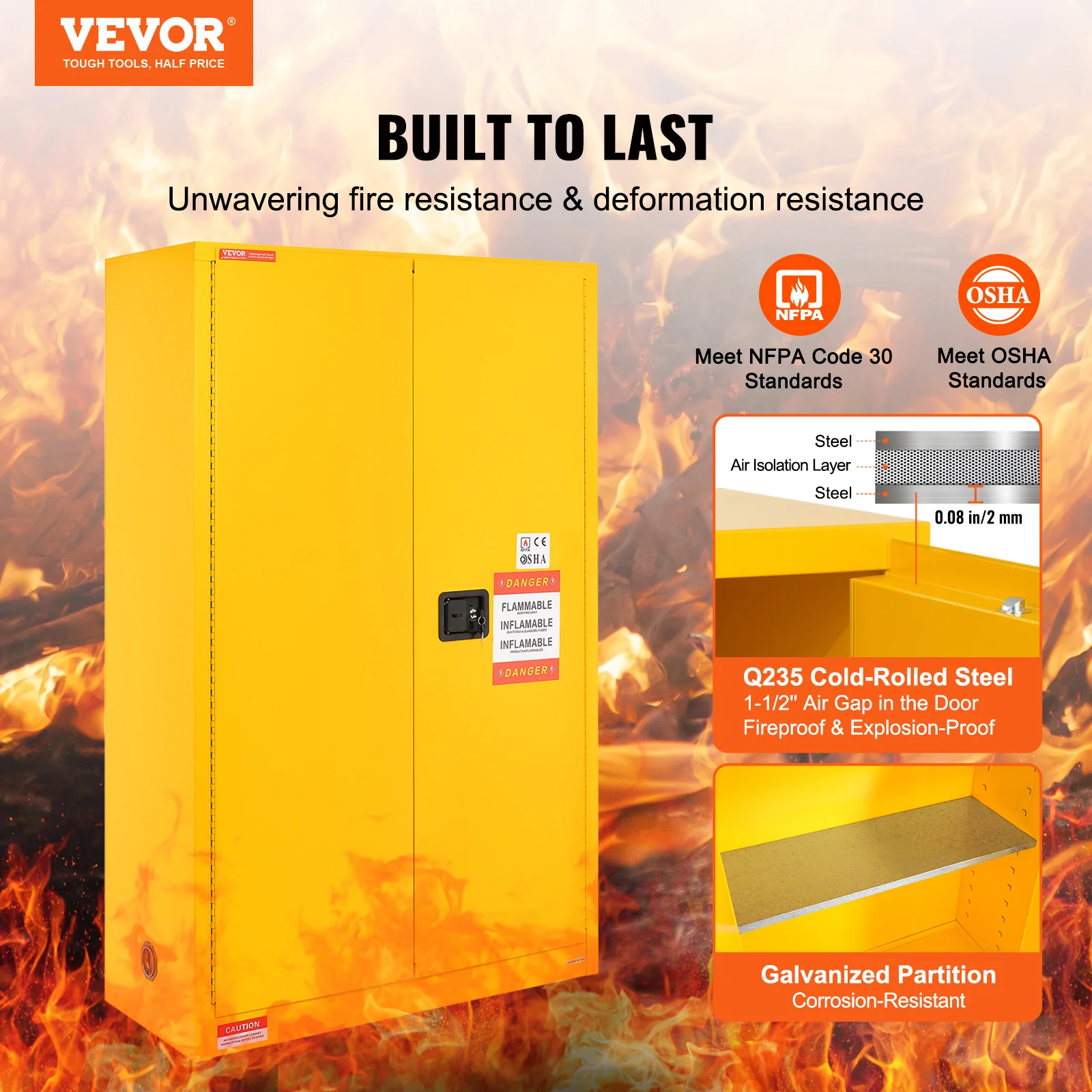 VEVOR Flammable Safety Cabinet 45/50 Gal Cold-Rolled Steel Flammable Liquid Storage Cabinet Explosion Proof w/ Adjustable Shelf