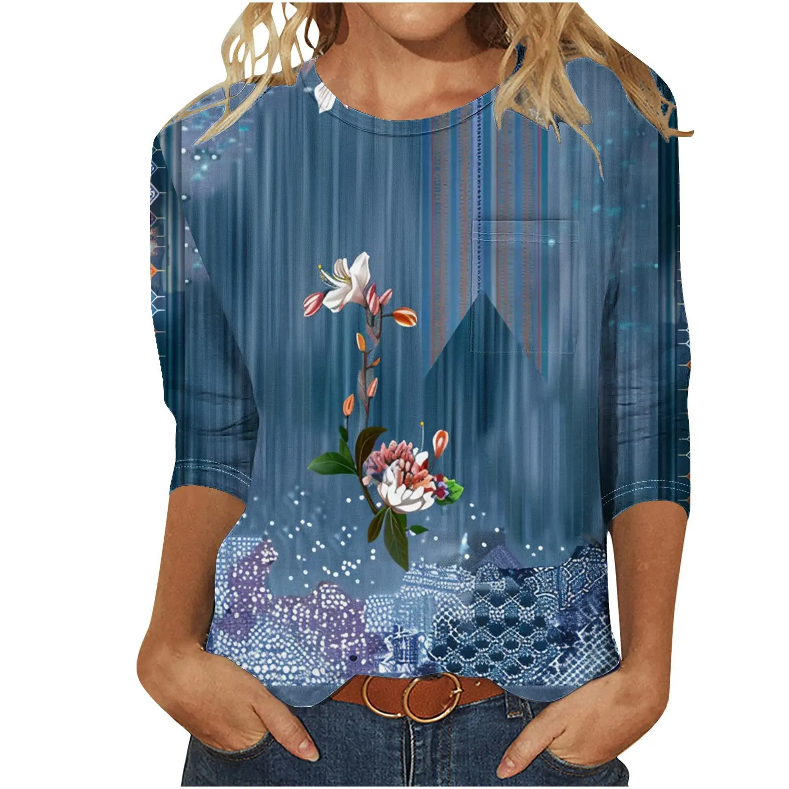 

New 2024 vintage printed seven quarter sleeve women's design sense casual, simple, fashionable and trendy WA21