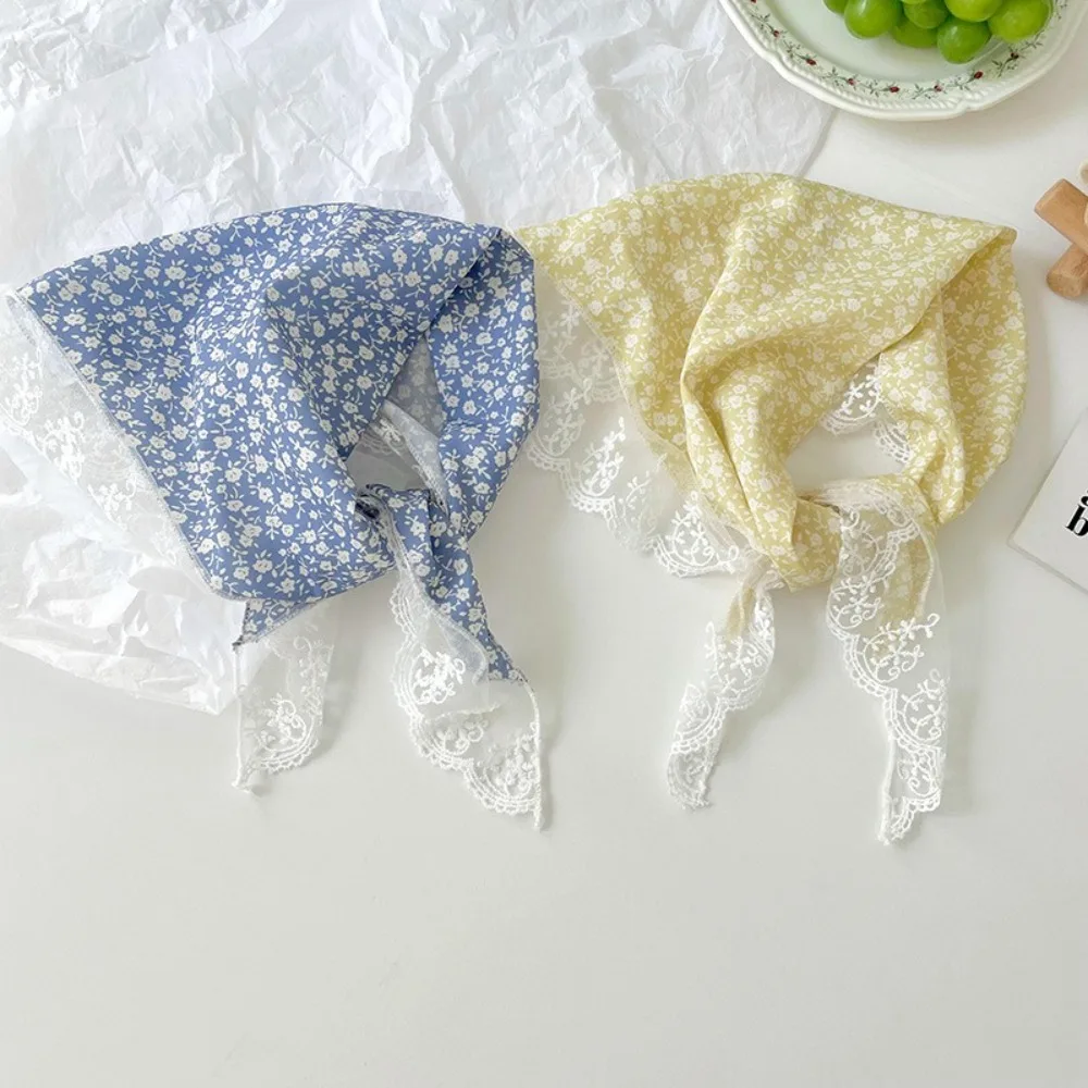 New French Style Triangle Scarf Small Flowers Fabric Turban Bandana Hair Accessories Lace Hair Bands for Spring Summer