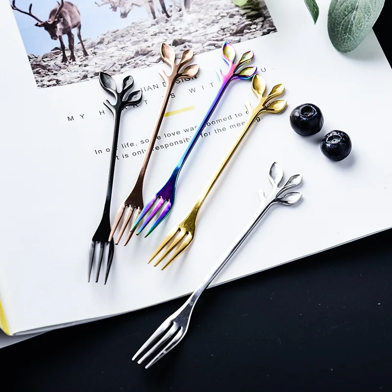 Stainless steel fork leaf-shaped fruit fork dessert cake fork creative children fruit sign rainbow fork  rainbow utensils