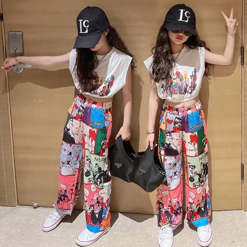 

Summer Girls Clothes Suits Children's Graffiti Sleeveless Top Trousers 2Pcs Sets Teen Loungewear Kids Clothing Outfits 4-12 Year