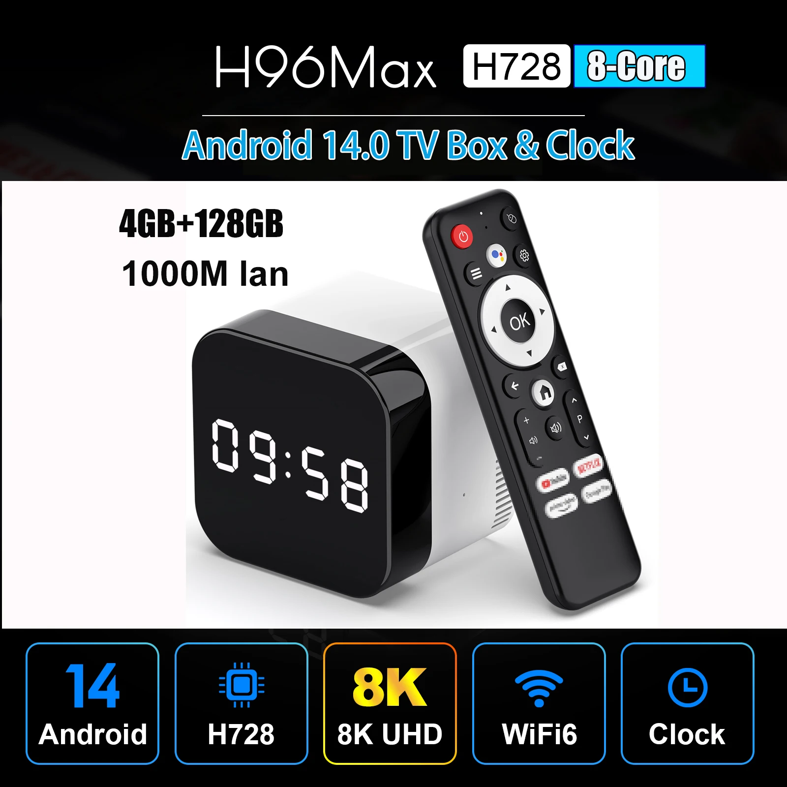 H96 MAX Android 14 TV Box Octa 8 Core Allwinner H728 8-Core 1000M Lan 8K Output 2.4G 5G Wifi6 BT5.0 Voice Remote 32G 128G