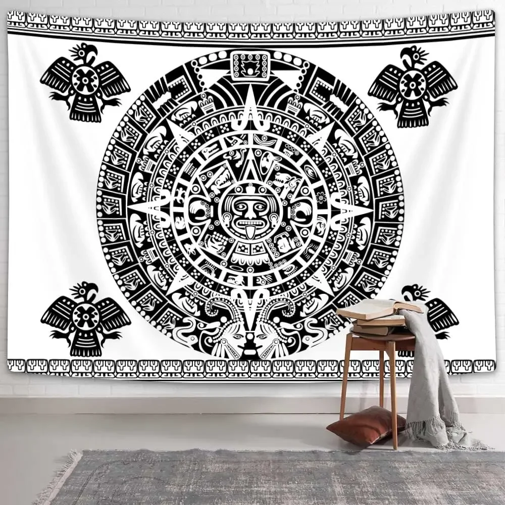 Aztec Kalender Wandtapijt Zwart-Wit Vintage Mayan Bord Oude Woorden Muur Opknoping Voor Slaapkamer Woonkamer Slaapzaal Interieur