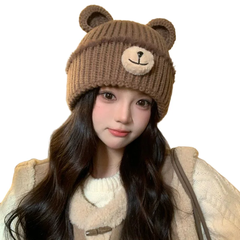 Herbst- und Wintermütze im koreanischen Stil für Frauen, Bärenohren, süße und niedliche vielseitige Wollstrickmütze, Gehörschutz, warme kalte Mütze – Detail 1