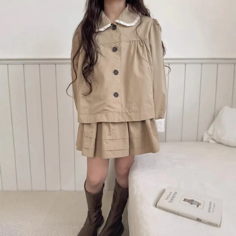 

2025 Japanese Girls' Spring and Autumn Cotton Casual Ruffle Collar Jacket, Half Skirt, Children's Forest Two-piece Set
