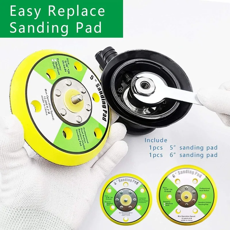 Lixadeira orbital aleatória de ar 5 "6" Lixadeira de ar a vácuo Lixadeira pneumática de ação dupla inclui almofadas de 5 polegadas e 6 polegadas e lixa