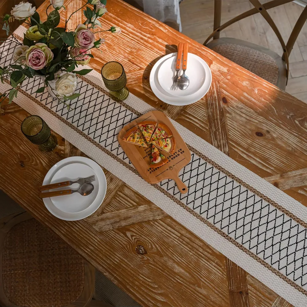 

Nordic Style Bohemian Table Runner Diamond Pattern with Tassel Christmas Table Cloth Rustic Cotton and Linen Table Cover