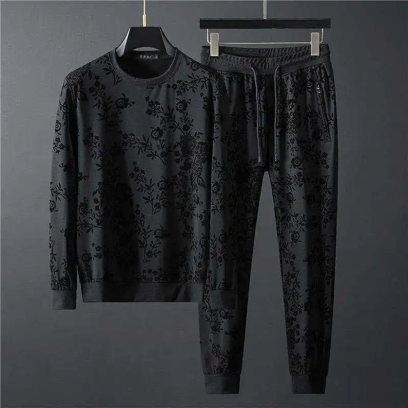 Men's clothing spring and autumn high quality personality simple round neck long sleeve sweater pants two-piece men's suit