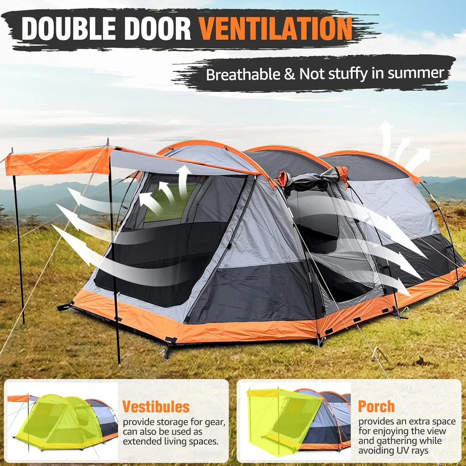 4 Person Tunnel Family Camping Tent 2 Doors Double Waterproof Groundsheets Screened Room Porch 4
