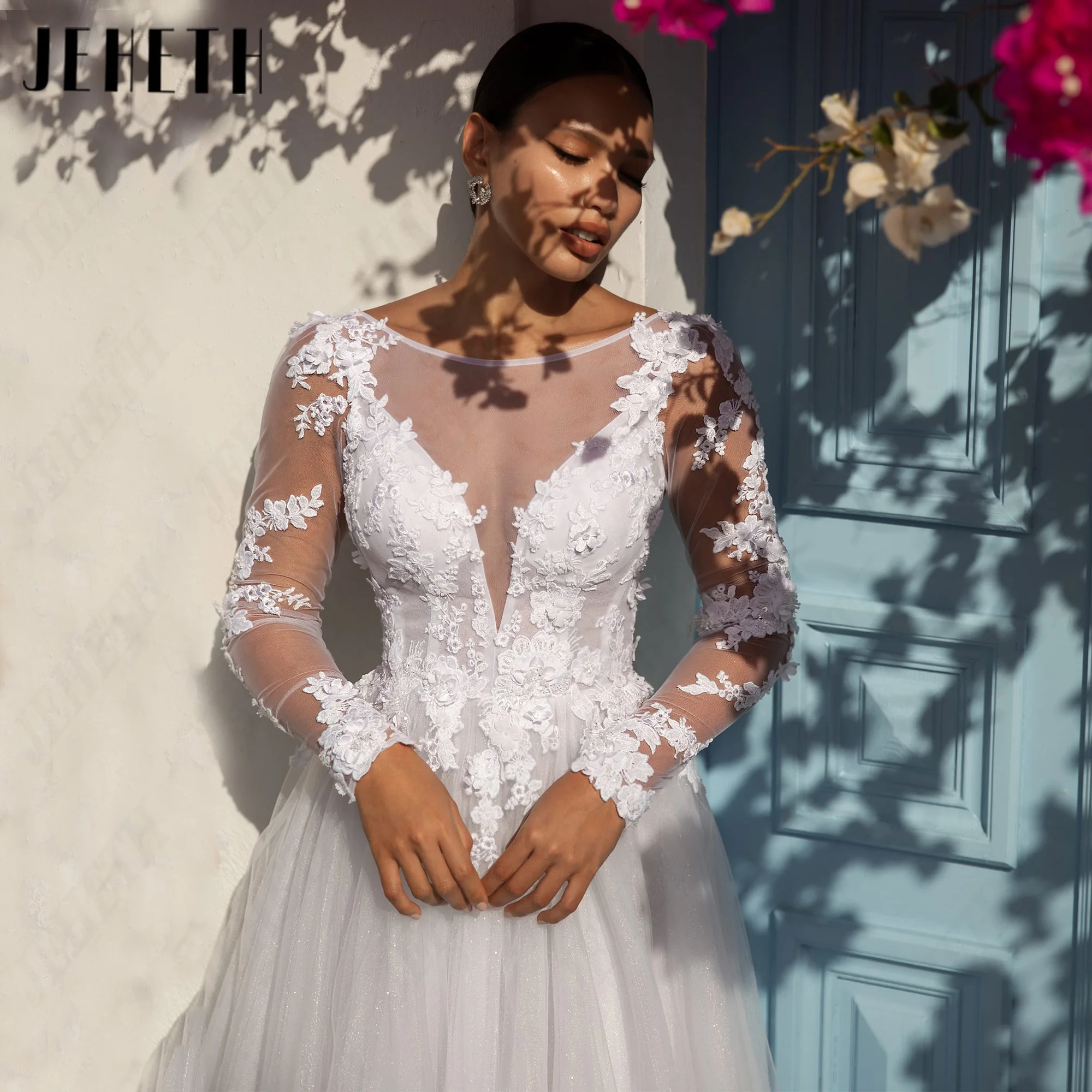 JEHETH Lace Applique Long Sleeves Customized Wedding Dresses Backless A-Line Bridal Gown Tulle Elegant Court Train Bride Dresses