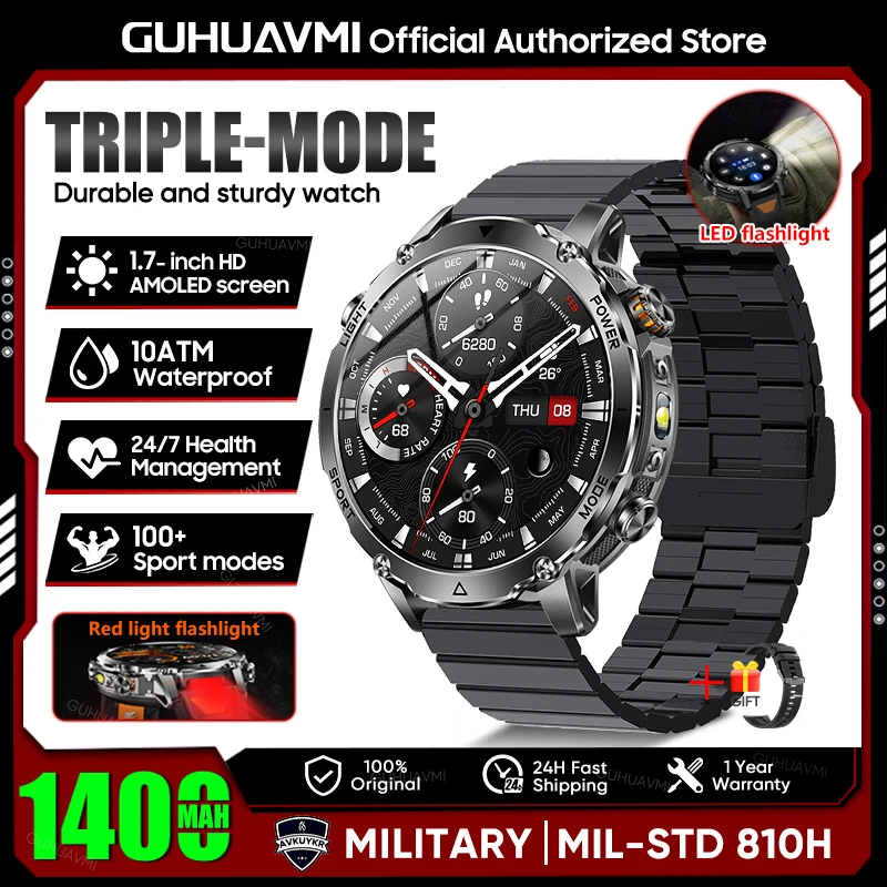 2026 Neue TANK Ultra 1400mAh Batterie Militär-Smartwatch 10ATM Wasserdicht Herzfrequenz Taktische LED-Taschenlampe Herren Sportarmband