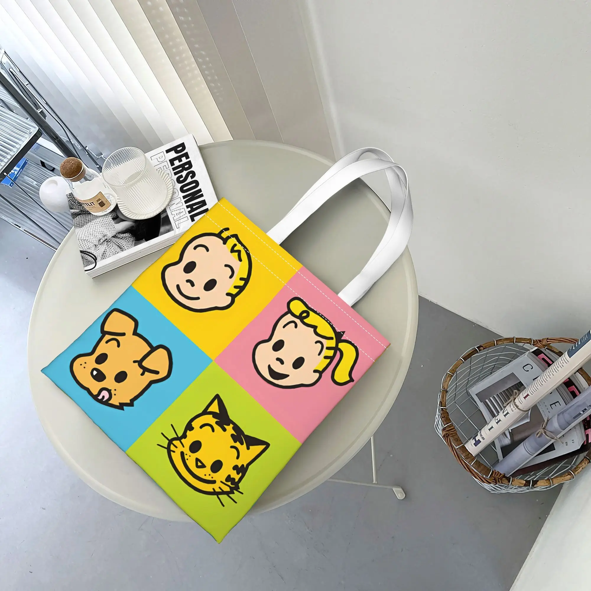 1pc Cartoon Characters & Pets 4-Panel Printed Tote Bag, Reusable Shopping Bag, Suitable for Daily Use, Shopping, School, Travel,