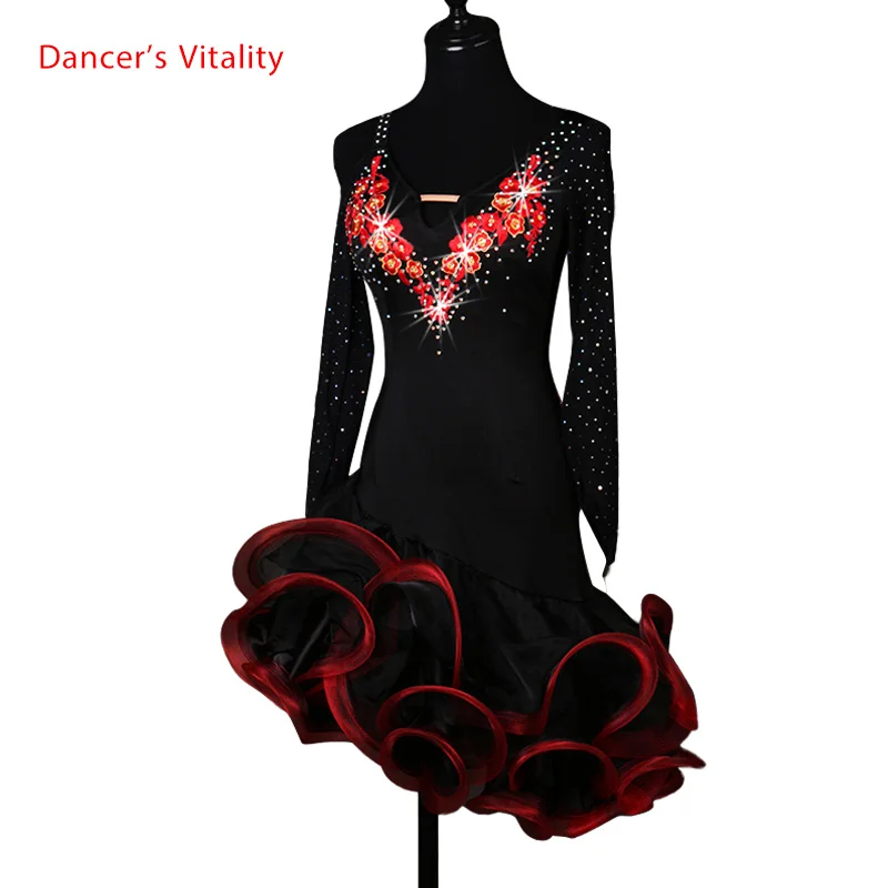 Sexy dress latin dance clothes for women latin dance Embroidery long sleeves dress girls latin dance dress Cha-cha dance dress