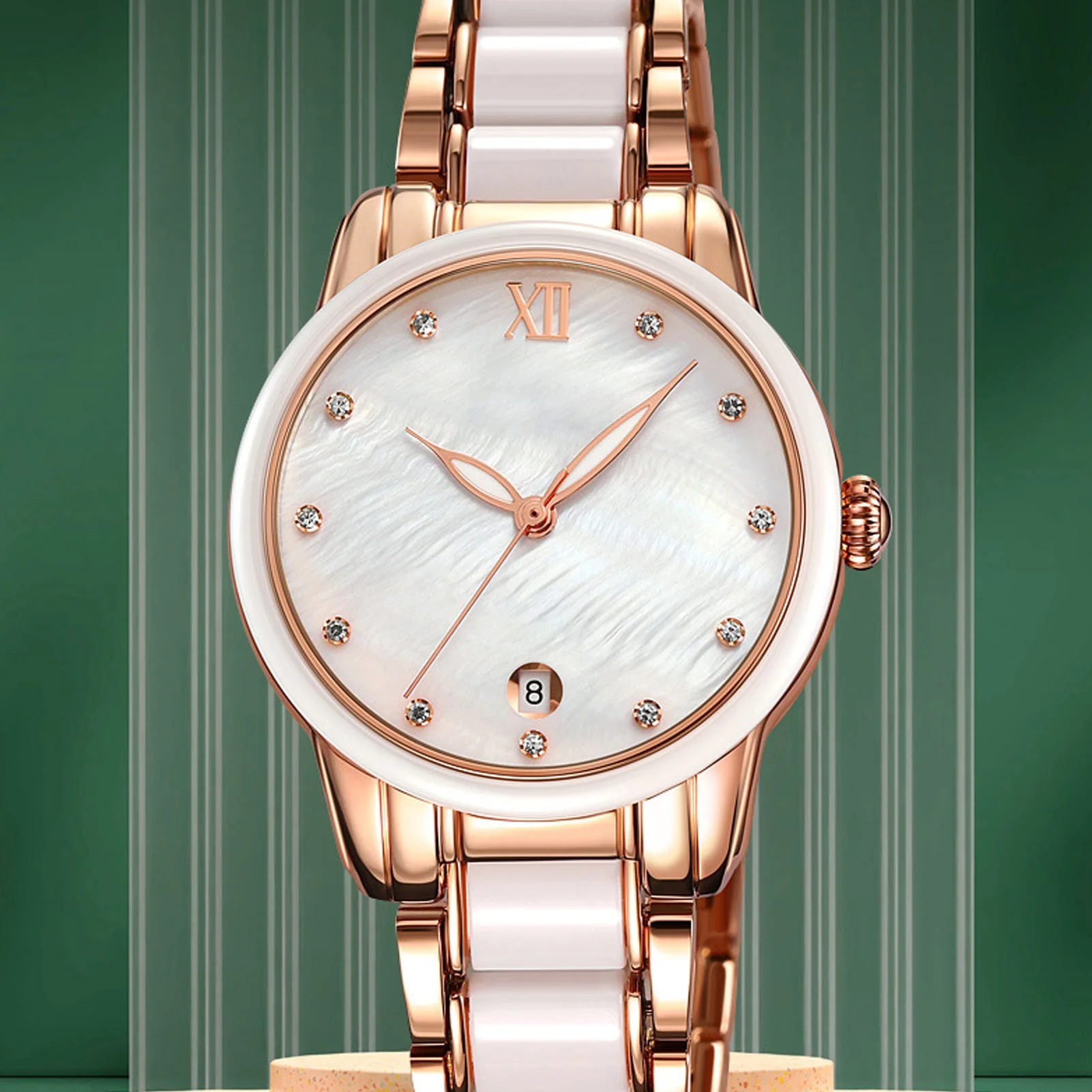 Women Quartz Watch Rhinestone Decoration Ceramic Stainless Steel Band Water Resistant Wrist Watch with Date Rose Gold