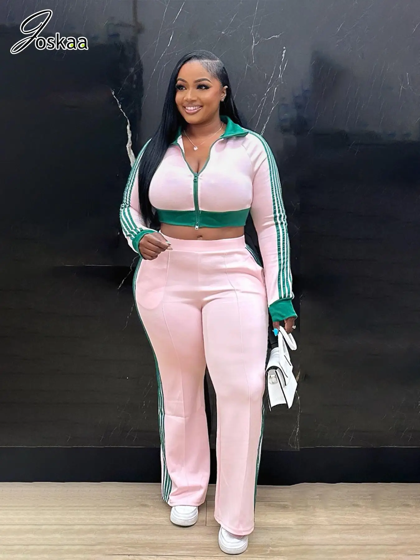 

Joskaa 2025 Women's Color Block Two Piece Set Casual Full Sleeve Zip Up Cropped Top and Pants Matching Tracksuits Y2K Streetwear