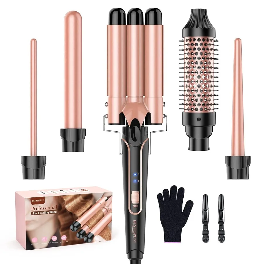

5 in 1 Curling Iron Curling Wand Set with Negative Ion Thermal Brush and 4 Interchangeable Ceramic Curling Irons 0.35 -1.5 Fast