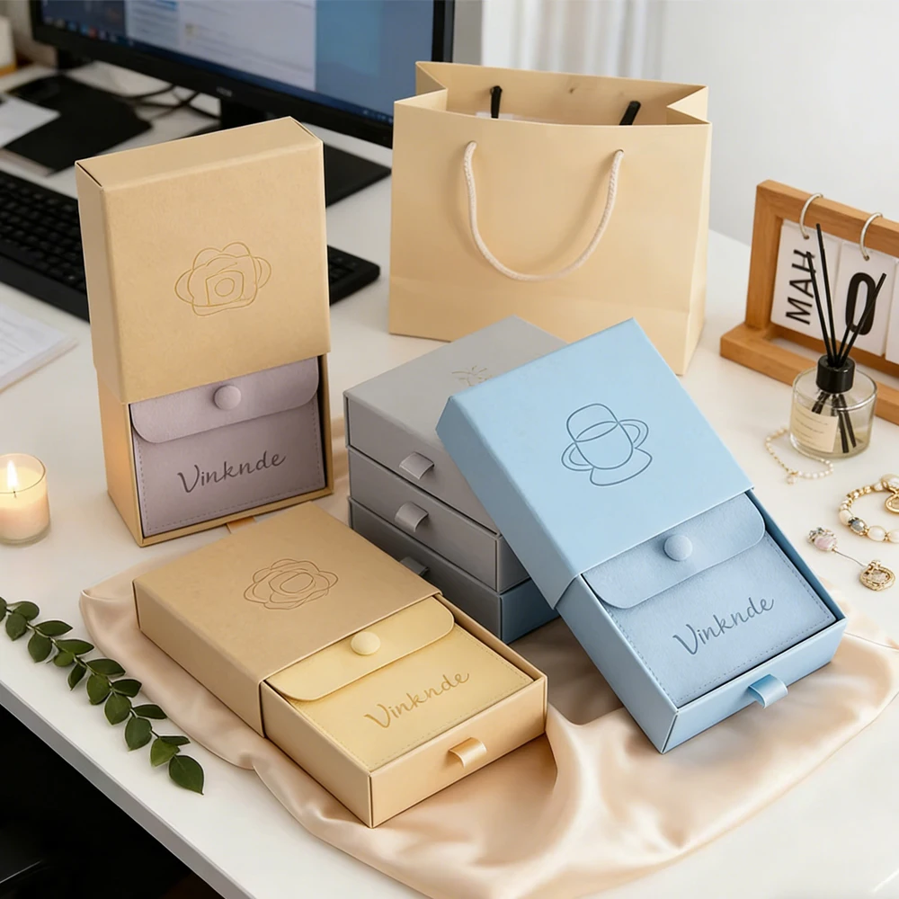 

Microfiber Jewelry Snap Bags Wedding Gift Velvet Packaging Pouches Custom Logo Paper keychina Earrings Ring Slide Drawer Boxes